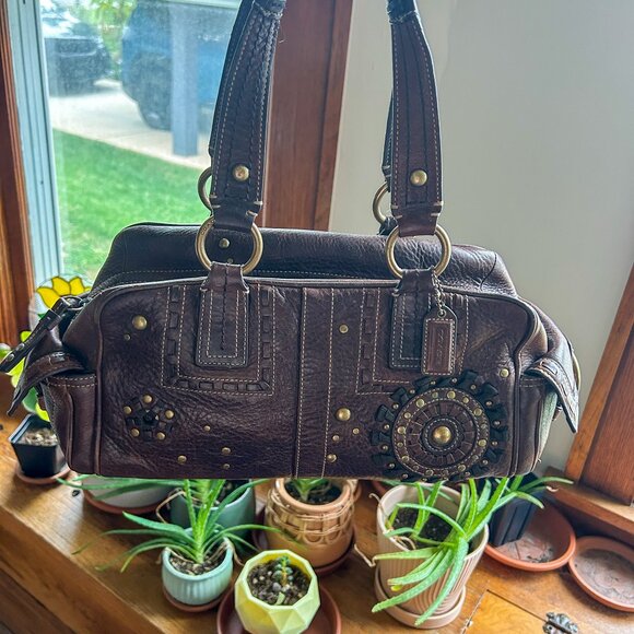 Vintage Y2K Coach Brown Pebbled Leather Mia Studded Satchel Bag Style 10064 - Picture 13 of 13